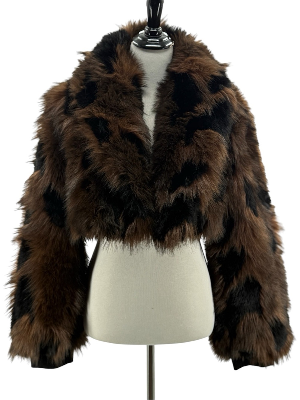 Azalea Wang Nightlife Brown Multi Faux Fur Cropped Jacket Coat Large - Picture 1 of 11